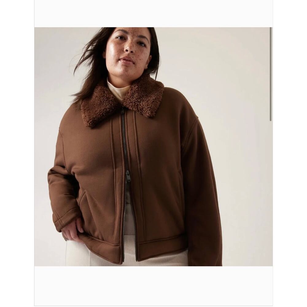 Athleta Westbound Sherpa Jacket L Brown Fleece Bomber Zip Coat Western Boho - Picture 3 of 9